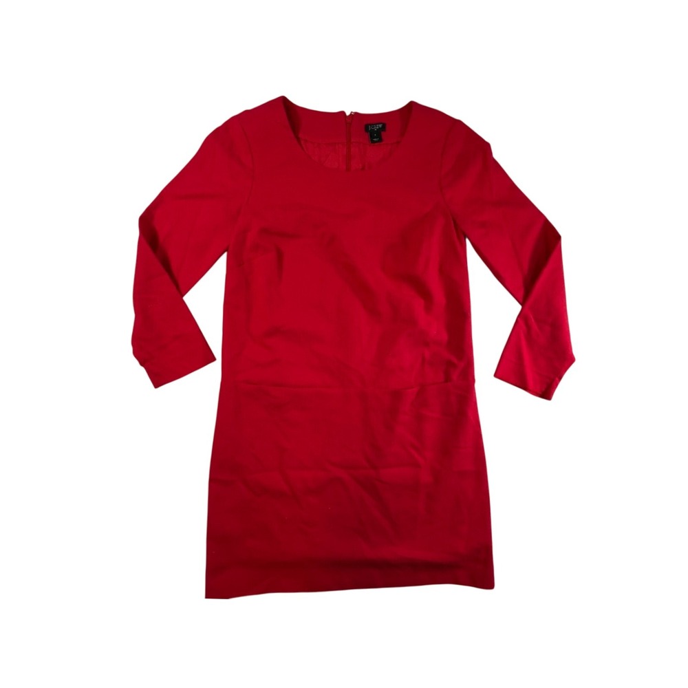 J.Crew Red 3/4 Sleeve Shift Dress Size 0 Wool Blend Round Neck Back Zip